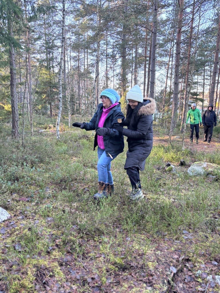 Medarbetare delades in två och två och fick ledsaga varandra genom skogen, tillit och jobba med våra fem sinnen stod på agendan.