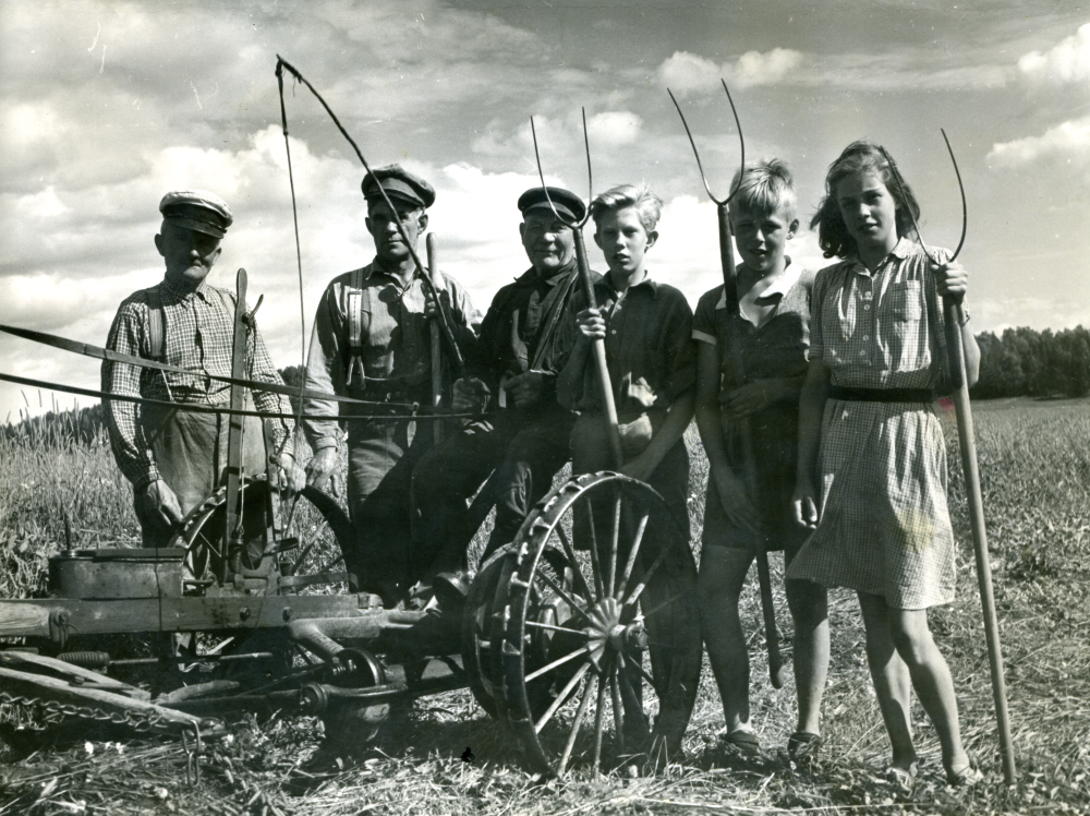 Arbetslaget på Lappdals gård sommaren 1946. Bakom den hästdragna slåttermaskinen står från vänster Alfred Jansson, Haldor Bergman som ägde gården, Alfred Nordström, Ove Bergman, okänd, Inga Bergman.