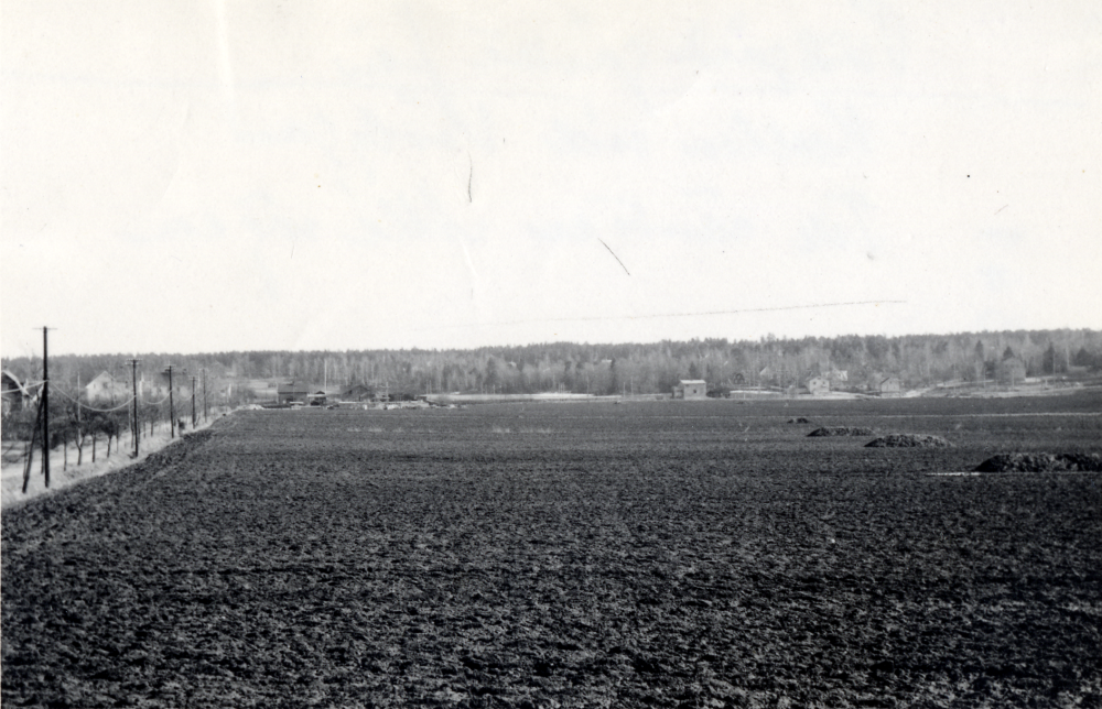 Prästgårdsgärdet  för utbyggnaden med flerfamiljshus.  T v syns  Allévägen  i bildens mitt i bakgrunden  Vallentuna järnvägsstation.  Där  Centralvägen  och  Skördevägen  finns idag, syns på bilden enbart leråker med högar av gödsel (ev)