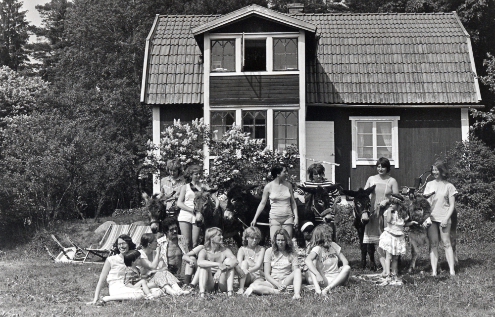 Svenska åsneföreningen har årsmöte på torpet Foderbylund sommaren 1982.  Åsnorna heter fr v Petra, Filippa, Viggen, Remona, Rasken och Pollux.   Personer i övre raden fr v kassören Charlotte Beidinger, revisorn Ullika Wikström, okänd, okänd, Lena Persson, Maja Åsberg, Marie Karlsson.  Sittande fr v revisor Gun Huszár med  Anders "Mini" Huszár i knäet, okänd, Hugo Beidinger, okänd,  okänd, Marina Brindling, Jessica och okänd
Torpet har ursprungligen varit båtsmanstorp med fastighetsbeteckning Foderby 2:5.  Catharina köpte torpet i november 1981.
