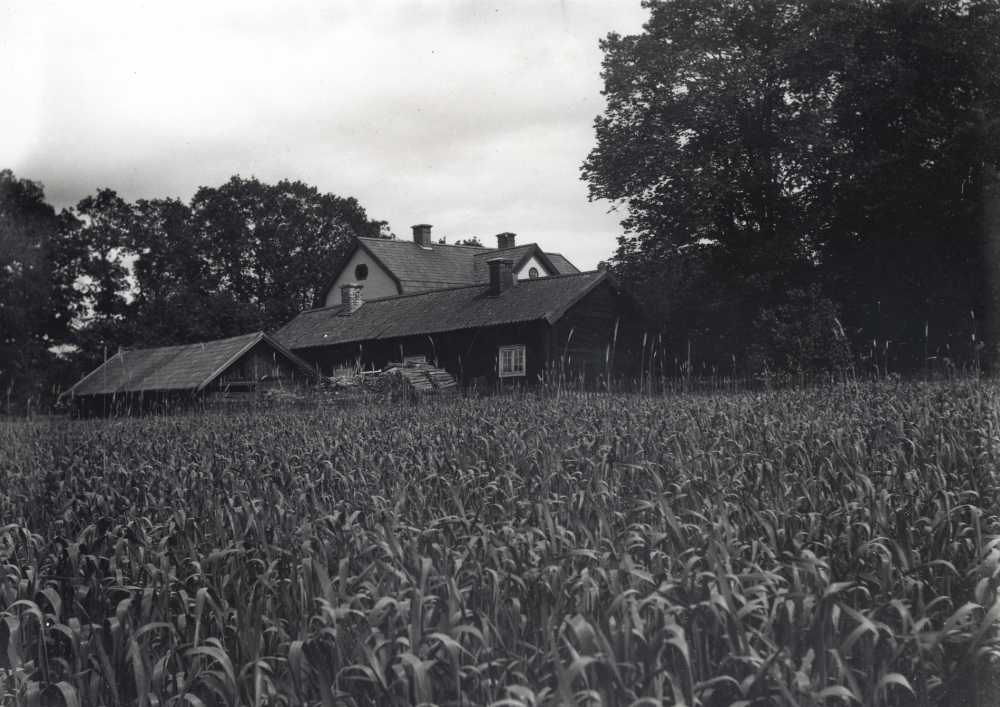 Frösunda prästgård med västra flygeln i förgrunden.  Den låga byggnaden t v är vedbod och brygghus