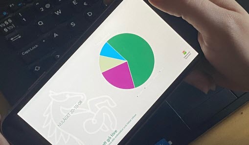 Mobiltelefon, på mobilens skärm visas ett tårtdiagram