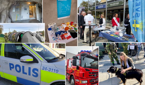 Collage med polisbil, brandbild, försvarsmaktshund med mera.