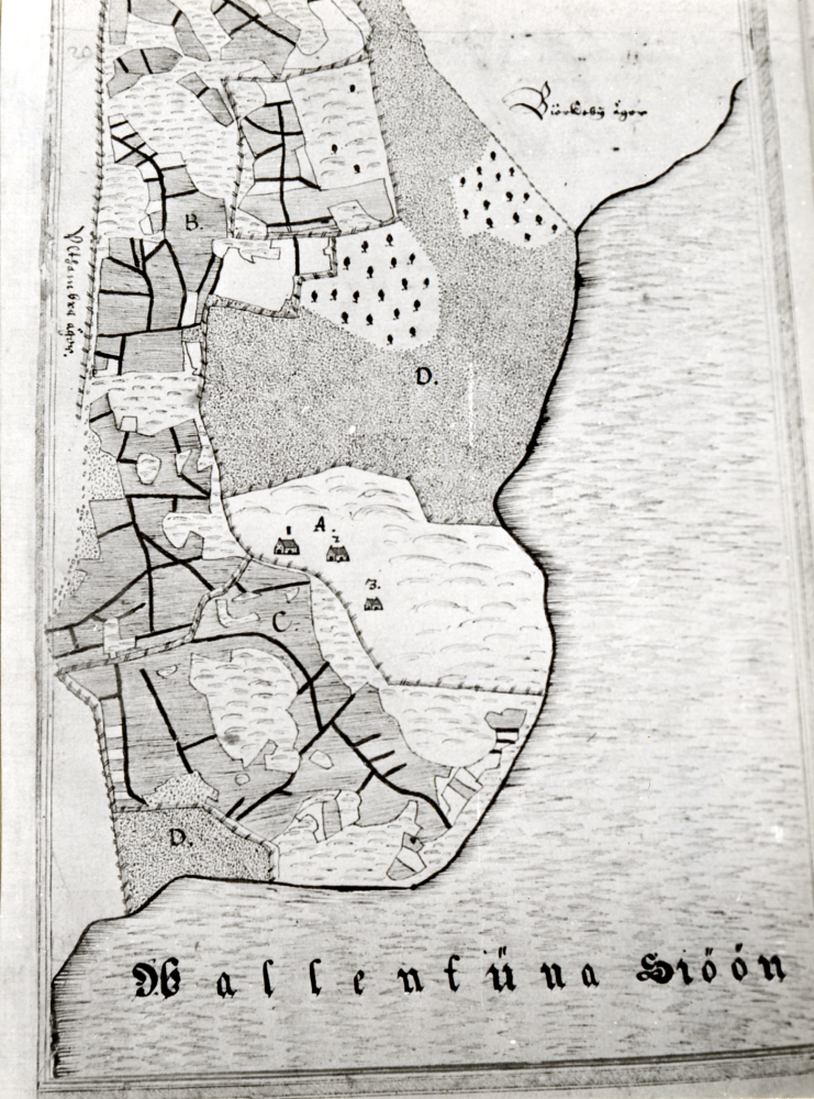 Delkopiering av karta över Wallentuna socken 1630.  Ägor som tillhör Uthamra, Björkby samt del av Vallentunasjön