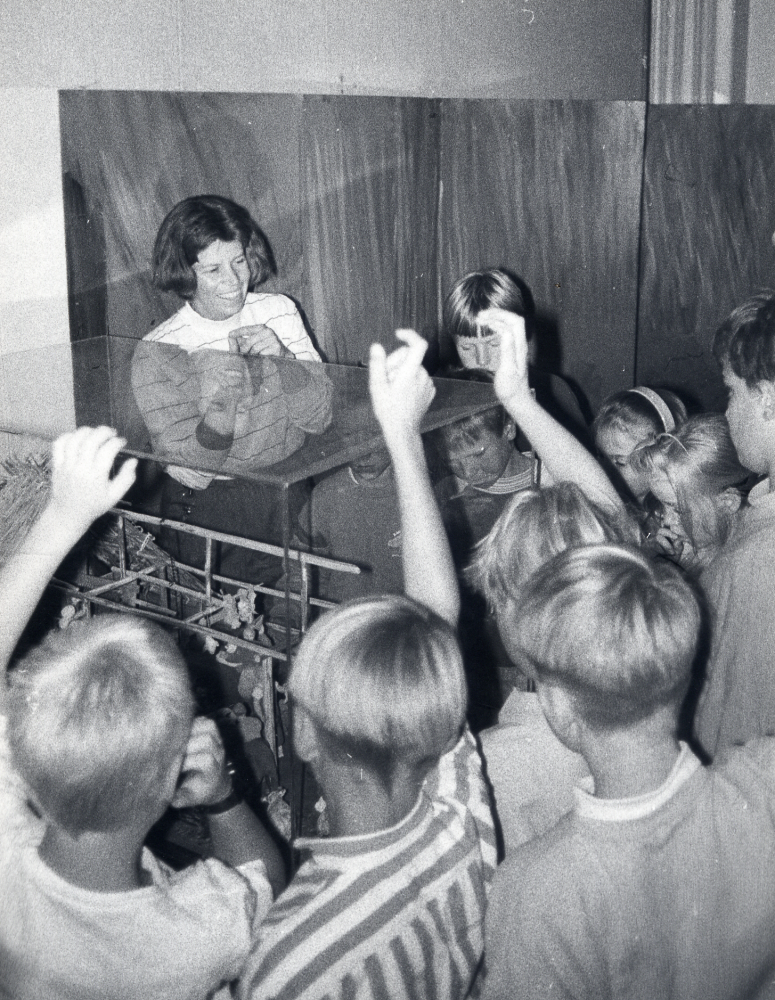 Vikingautställningen, sammanställd av Eva Rahmqvist och Marie Lenti i samarbete med Historiska museet , visas av personal i Vallentuna bibliotek vart tredje år i Vallentunasalen för skolklasser.  Här berättar Lena Lundgren om Vikingahuset för en intresserad  klass