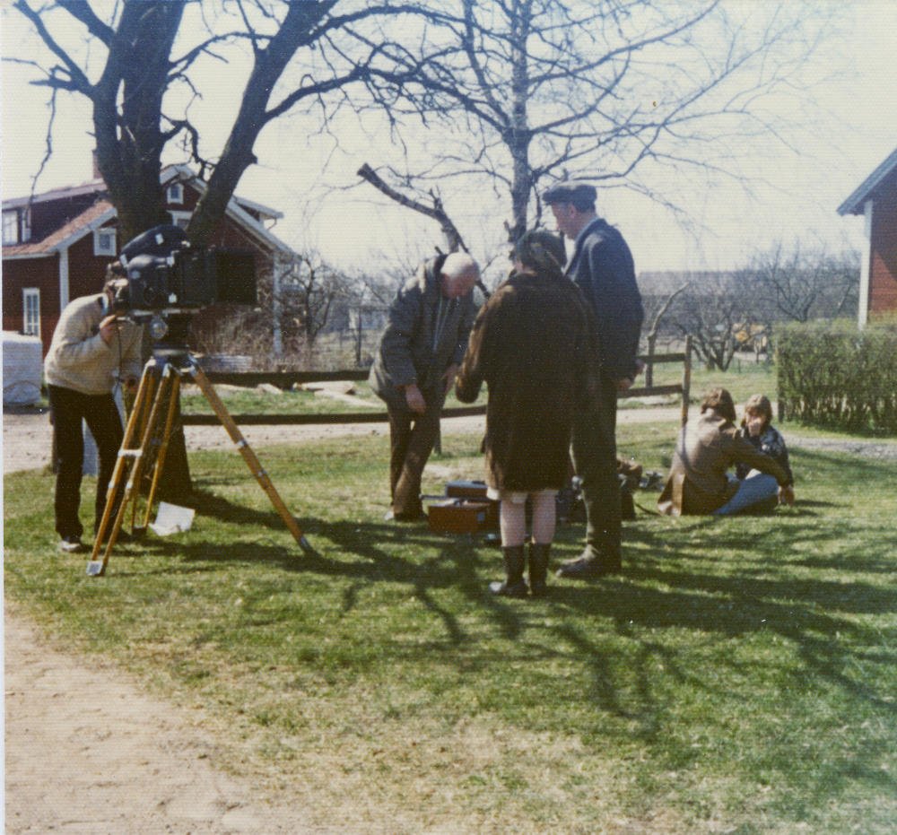 Filminspelning på Mellangården i Ledinge;  Filmen "En enkel melodi" spelades bland annat in på Mellangården i Ledinge. I bakrgunden skymtar gården. Under filminspelningen fick gårdsfolket flytta ut och ägnade sig då bland annat åt lingonplockning.