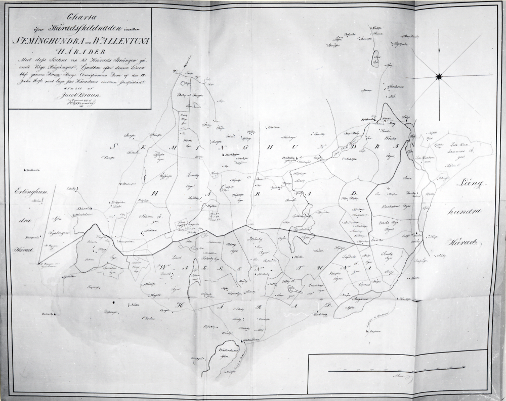Charta öfwer Häradsskildnaden imellan Seminghundra och Wallentuna härader med dess Sockne och til Härads Strängen gå ende Bye Rågångar, hwilken efter denna Linea blef genom Kong Skogs. Comissionens Dom af den 18 Julu 1696 med laga slut Häraderne imellan stadsfästad afmätt af Jacob Braun copierad 1797 af J C Werming