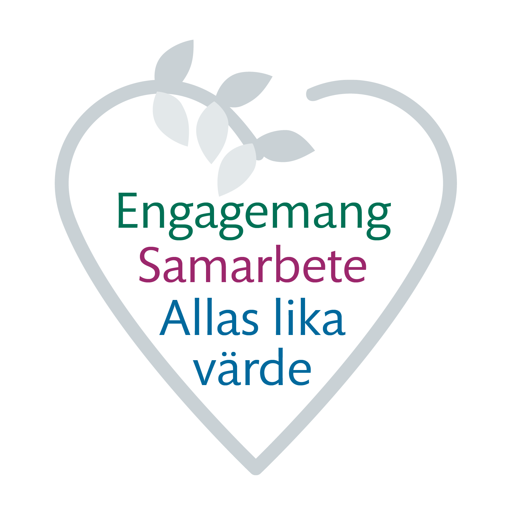 Symbol hjärta med orden: engagemang, samarbete, allas lika värde