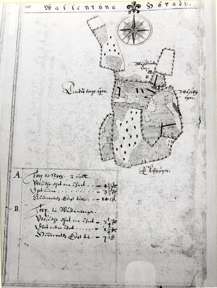 Karta över Wallentuna härad. Från vänster  Lindös torps ägor, Wästlunda torp, Wäsby ägor, Ekeby ägor