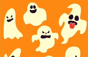 Sju tecknade spöken med olika ansiktsuttryck på en orange bakgrund