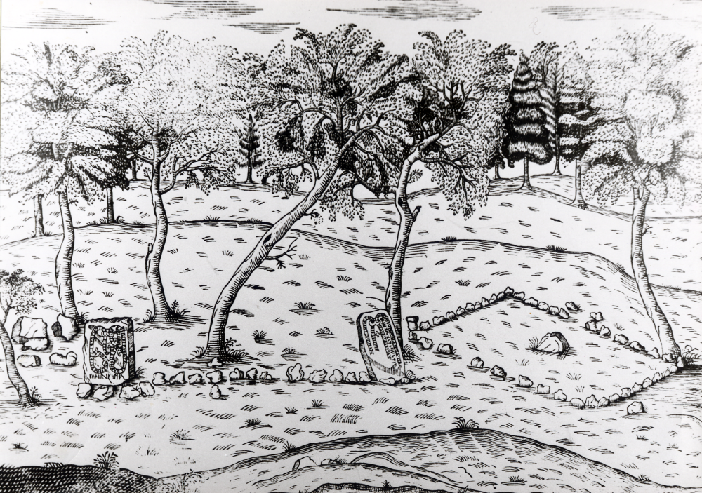 Kopia av en illustration i  En bok av Menniskiones slächt  av  Johan Peringskiöld  tryckt år 1716. Bilden är en  teckning  av Peringskiöld, som försöker härleda  Bällsta  från den nordiska gudasagan och framställer den hypotesen att Bällsta hage varit germanernas urhem