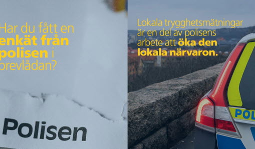 Ett vitt kuvert från polisen med texten "Har du fått en enkät från polisen i brevlådan?" samt en  polisbil med texten "Lokala trygghetsmätningar är en del av polisens arbete att öka den lokala närvaron.".