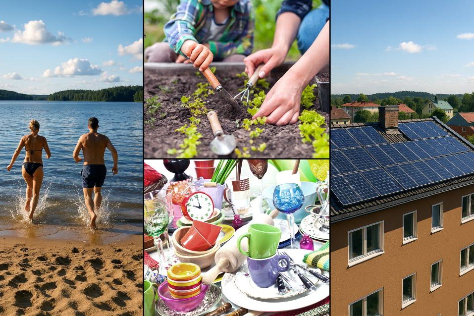 Kollagebild för Vallentunas miljöstipendium. Par som badar, odling, porslin i olika färger, solceller på tak.