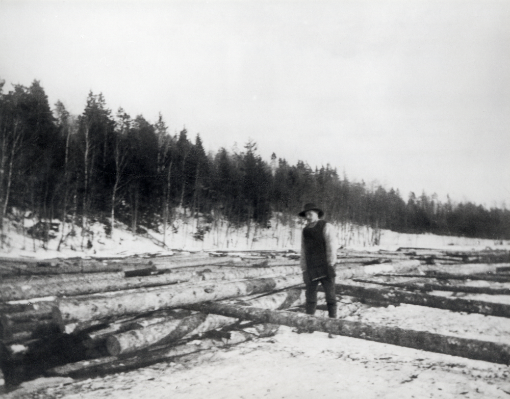Flottning på Garnsvikens is i Össeby-Garn.  Vid timmerstockarna står Helmer Johansson.  Timret bands samman med kättingar och bogserades ut ur Garnsviken via slussen med hjälp av en bogserbåt
