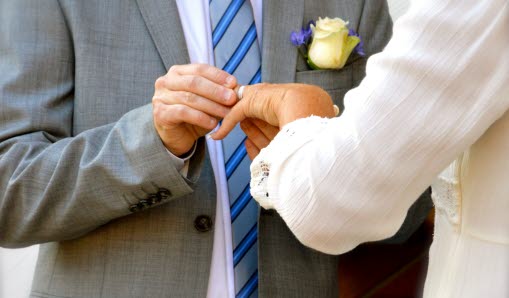 Ett par som gifter sig, två händer där man ser hur mannen trär på ringen på sin brud.