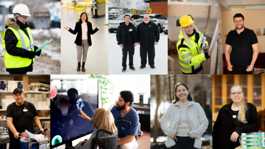 Ett bildcollage som visar porträtt med medarbetare från våra olika verksamheter.