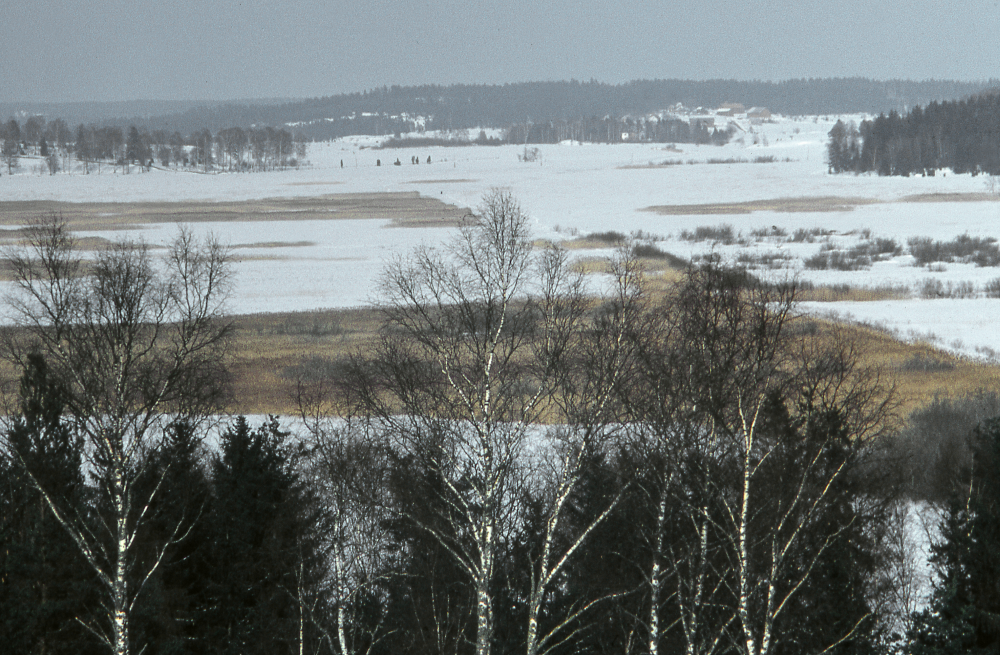 Utsikt från Klosterbacken i januari. Sjöängen ligger tyst och stilla. Fotografiet ingår i bildserien Angarnssjöängen 1970 som köptes av Vallentuna kommun och gjordes mot bakgrund av den oro som fanns bland naturvänner då Stockholm stad planerade en ny stad i området med upp mot 100 000 invånare. Så småningom övergavs planerna och istället bildade Länsstyrelsen naturreservat 1982.