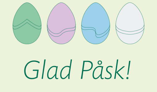 Fyra ritade påskägg i olika färger och texten "Glad Påsk!".