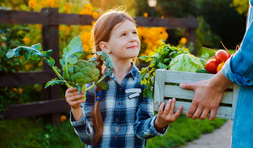 Flicka håller flera grönsaker i famnen