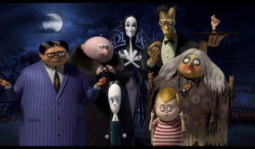 Animerad stillbild som visar karaktärerna i familjen Addams.