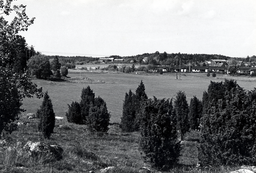 Utsikt från skogen vid Hammarbacken mot norr.  Fr v syns ladan och mangårdsbyggnaden vid Västanberga, nedanför den villabeyggelse i Snapptuna och t h Foderbys ekonomibyggnader