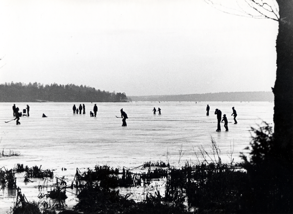 Många passar på att åka skridsko på Kyrkviken i Vallentunasjön när isen är fin snöfria vintrar.