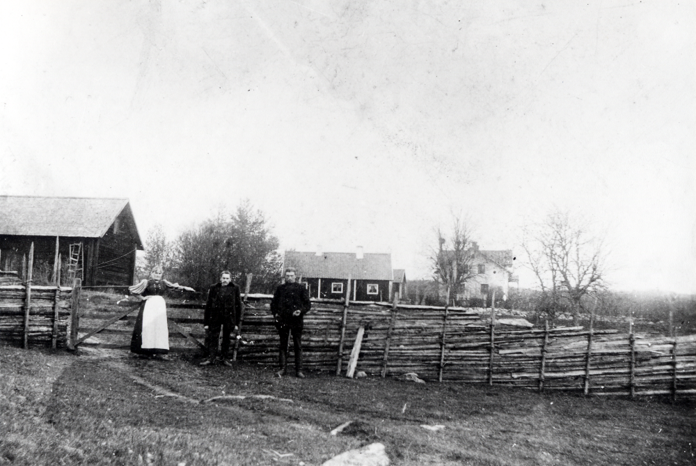Seneby gård i slutet av 1890-talet. Vid gärdesgården står fr v Elin Axelsson, Ture Axelsson och Vilhelm Axelsson.  Elin var Signe Rönns mamma, Signe gifte sig med Ruben Rönn från Vallentuna