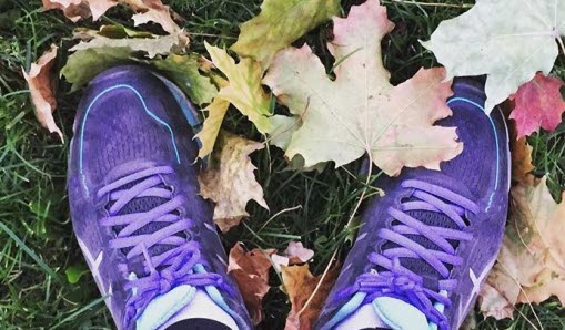 Lila träningsskor på gräsmatta med höstlöv.