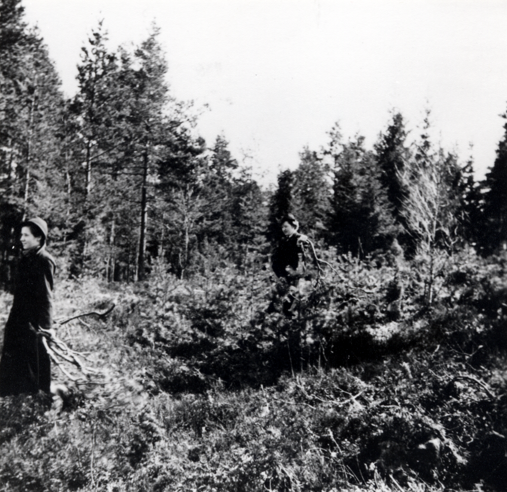 Insamling av ris till valborgsmässoelden (i Skolhagen???). Sedan 1930 har man varje år, utom 1969 då elden tändes vid Ekebyskolan, firat vårens ankomst med sång, musik, vårtal och fyrverkeri vid Hjälmsta skola.  Arrangör var tidigt Majblommekommitten.      Den allra första brasan tändes norr om Prästgården 1929, då man eldade upp prästgårdens lada.  Lägg märke till klädseln - med hatt och kappa i skogen!