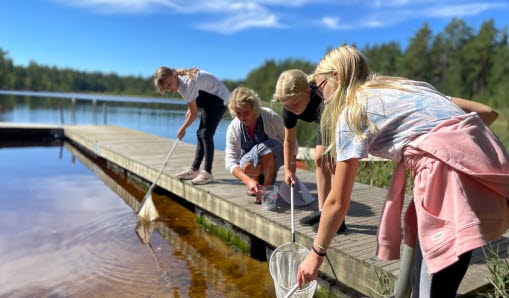 Elever är vid sjön med lärare och har lektion i biologi