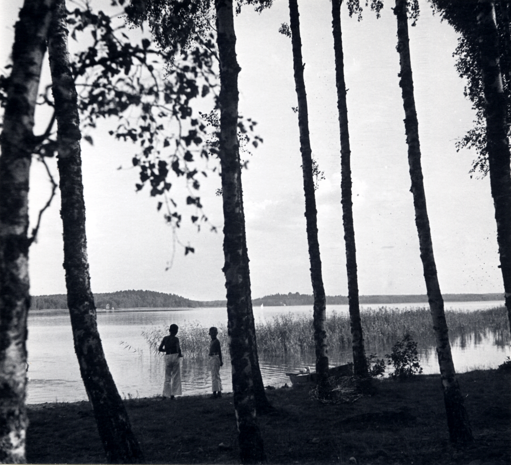 Josef Anderssons söner  Jerker Andersson, och  Svante Andersson  vid  Vallentunasjöns  strand t v om gamla badbryggan. I strandkanten ligger familjens  roddbåt