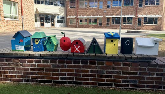 Alla tävlande fågelholkar från Hagaskolan står uppradade på mursen