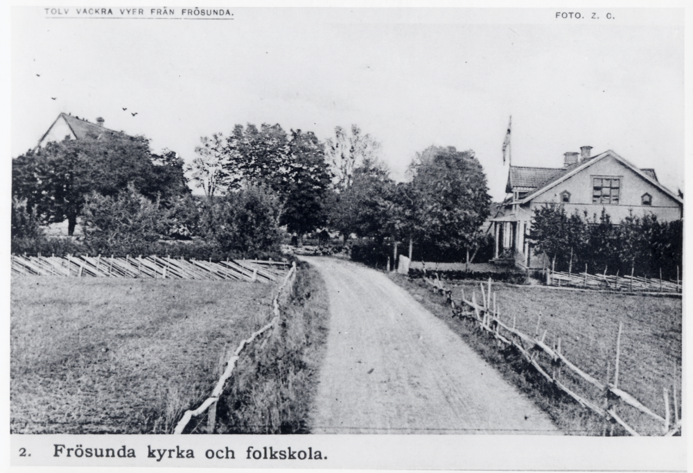 Frösunda kyrka  t v och  Frösunda skola  t h Från  Tolv vackra vyer från Frösunda.  Bild 2