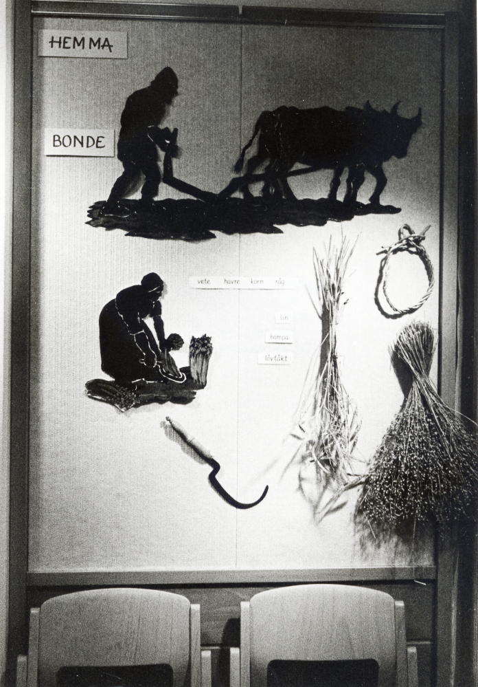 Utställningen  Vardagsliv på vikingatiden  visades i  Vallentunasalen  1-29 februari 1984 . För fullständiga uppgifter se: 040 05 06: 008. Väggskärm med arbetet hemma och bondens arbete med skörd