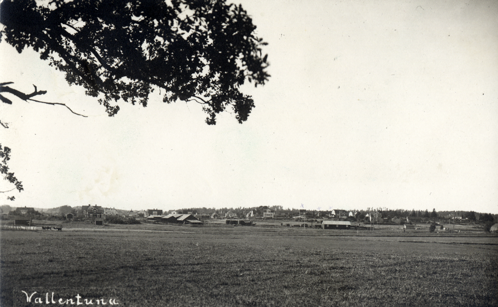 Vy över Vallentuna centrala delar, sett från öster.  I bildens mitt syns Vallentuna trävaru AB.  
Förmodligen fotograferad från nuvarande (1999) gångvägen bakom Tellus mot Åby daghem.
Kopia av vykort, med otydlig poststämpel, troligtvis 1933