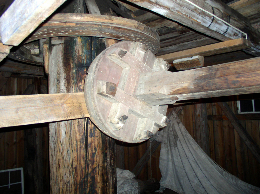 Vinden får vingarna att snurra. De är monterade på vingaxeln som via ett vinkeldrev inne i kvarnen vrider runt hjärtstocken och kvarnstenarna. Vingaxeln är den vågräta axeln till höger i bilden.