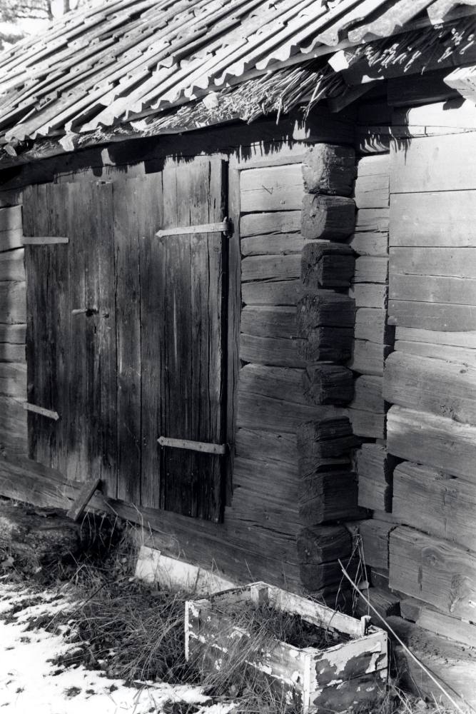 Detalj av södra långväggen på ladan vid torpet Bällstalund i södra delen av Vallentuna strax före rivningen.  Torpet låg mellan Stockholmsvägen och Bällstalundsvägen på norra sidan om infarten till Tallåsvägen