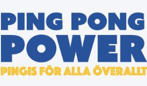 Blå text som säger Ping Pong Power och gul text som säger pingis för alla överallt.
