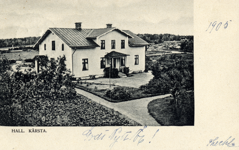 Hall i Kårsta.  Kopia av vykort med texten,  Godt Nytt År, Theckla.  Poststämplat 2 januari 1905