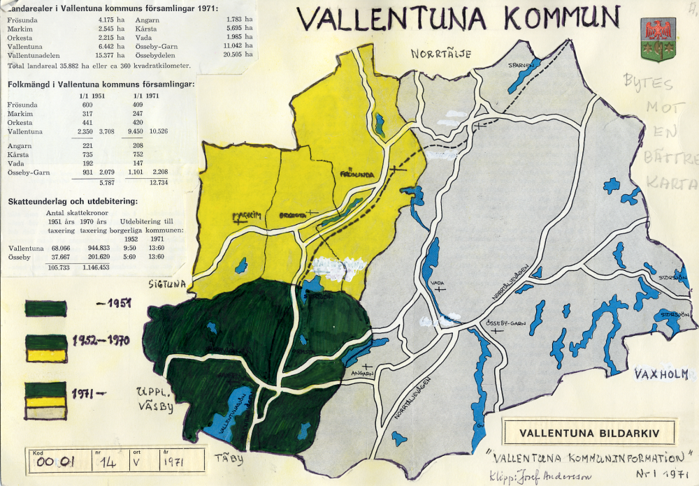 Färglagd karta klippt ur Vallentuna kommuninformation 1971: 1. Kartan visar de olika kommunsammanslagningarna. 1952 slogs Vallentuna samman med Frösunda, Markim och Orkesta som bildade Vallentuna kommun, medan Angarn, Kårsta, Vada och Össeby-Garn bildade Össeby kommun. 1971 slogs Vallentuna och Össeby samman till Vallentuna kommun.