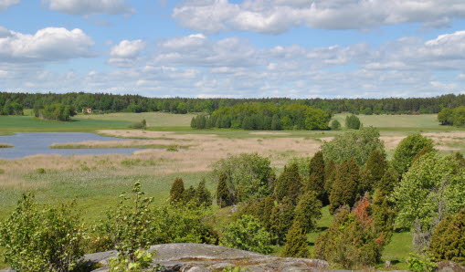 Vy över en sjö och gräslandskap