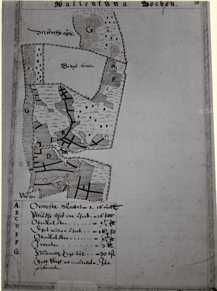Delkopiering av karta över Wallentuna socken 1630.  Ägor som tillhör Åby och Mölneby (Molnby)