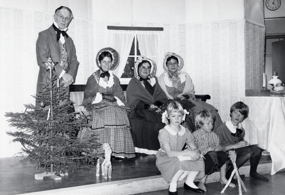Tanternas jul förr i tiden. Tant Grön, tant Brun  och tant Gredelin berättar om jultraditioner på tanternas tid i Vallentunasalen. Julbord finns dukade, julvisor sjungs och bocken kommer med julpaket. I salens finns alla medverkande samlade. Fr v herr Blå, Sven Eketorp, tant Grön, Lena Lundgren, tant Brun, Gun Hillbo och tant Gredelin, Eva Rahmqvist, som står för idé och utformning.  På golvet sitter barnen Lotta, Marie Johansson, fattige Kalle i torpet, Tomas Sjösvärd och Petter, Erik Sjösvärd
